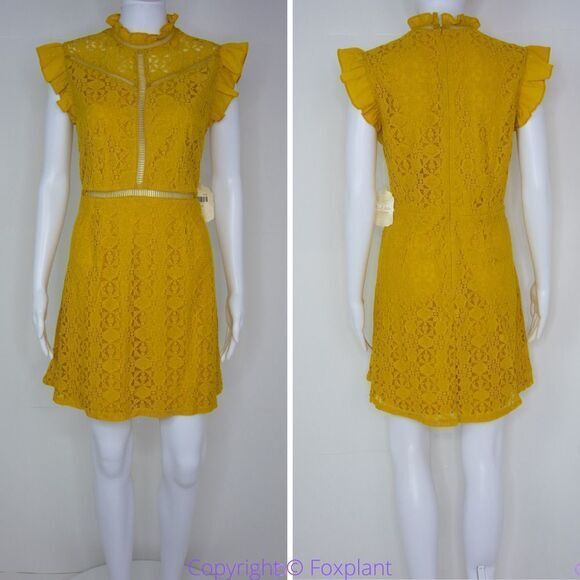 NEW Altar'd State mustard yellow lace dress with ruffle neck , L - Picture 1 of 14